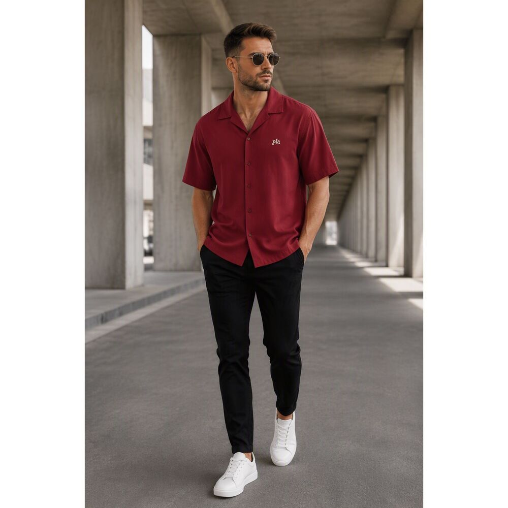 YoungLA Button Down Shirt Men L Red Tencel Linen Blend Casual 4062